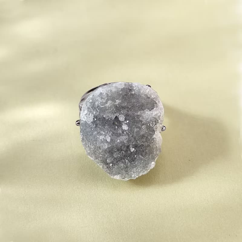 灰色瑪瑙活口戒指 隨形原石標本 星光閃片手工指環 S925銀 襯膚色