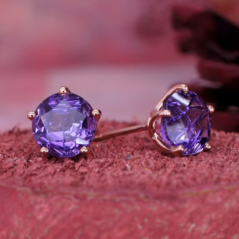 星夜 – 8 mm 星形 切角 紫水晶 純銀 電18K玫瑰金 耳環
