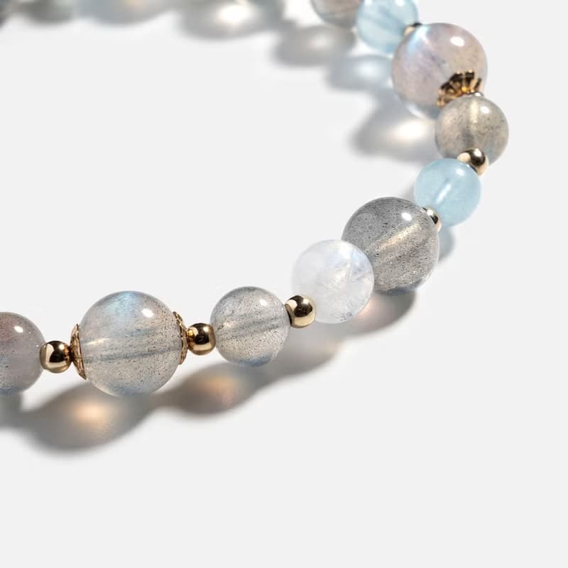 拉長石月光石海藍寶14K包金水晶手鍊