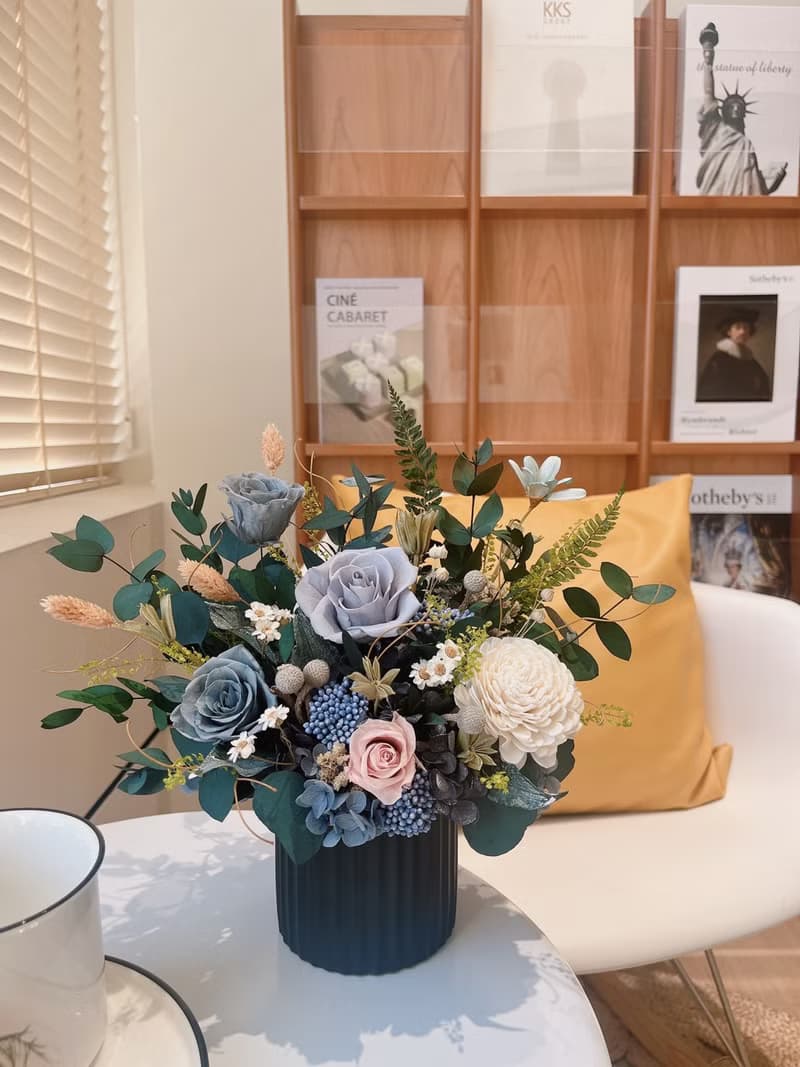 質感灰藍永生盆花 永生玫瑰花  開幕盆花 開幕花禮 祝賀禮物 生日
