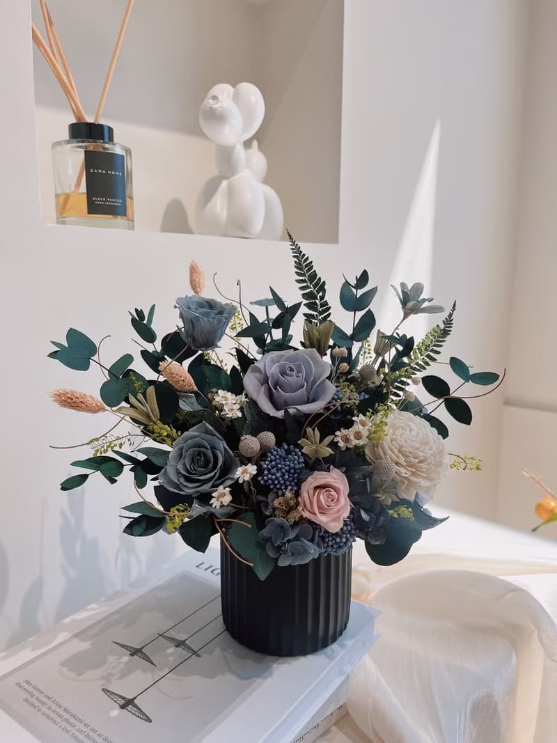 質感灰藍永生盆花 永生玫瑰花  開幕盆花 開幕花禮 祝賀禮物 生日