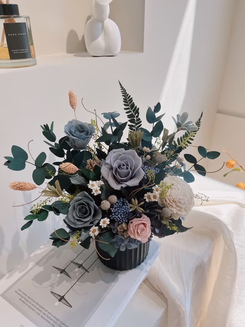 質感灰藍永生盆花 永生玫瑰花  開幕盆花 開幕花禮 祝賀禮物 生日