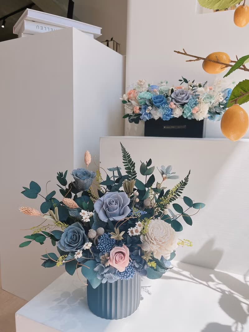 質感灰藍永生盆花 永生玫瑰花  開幕盆花 開幕花禮 祝賀禮物 生日