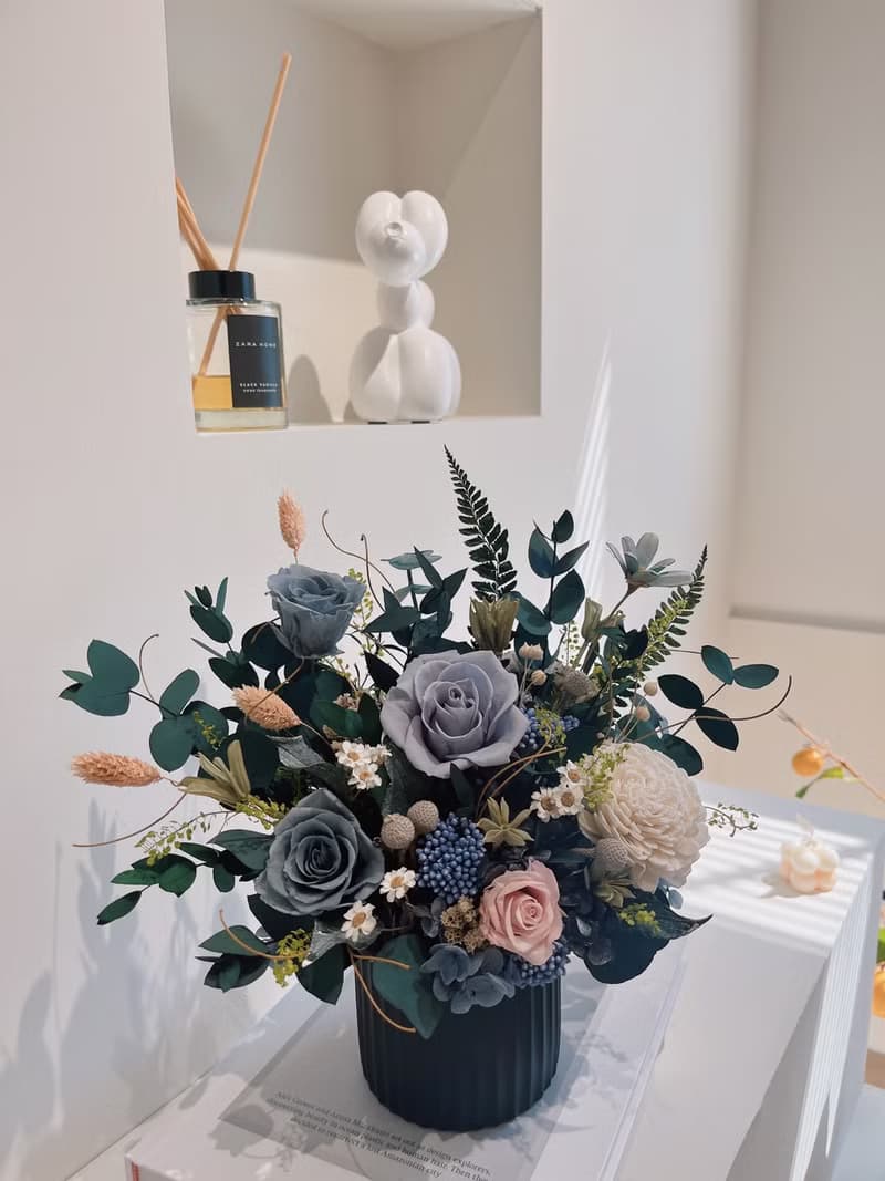 質感灰藍永生盆花 永生玫瑰花  開幕盆花 開幕花禮 祝賀禮物 生日
