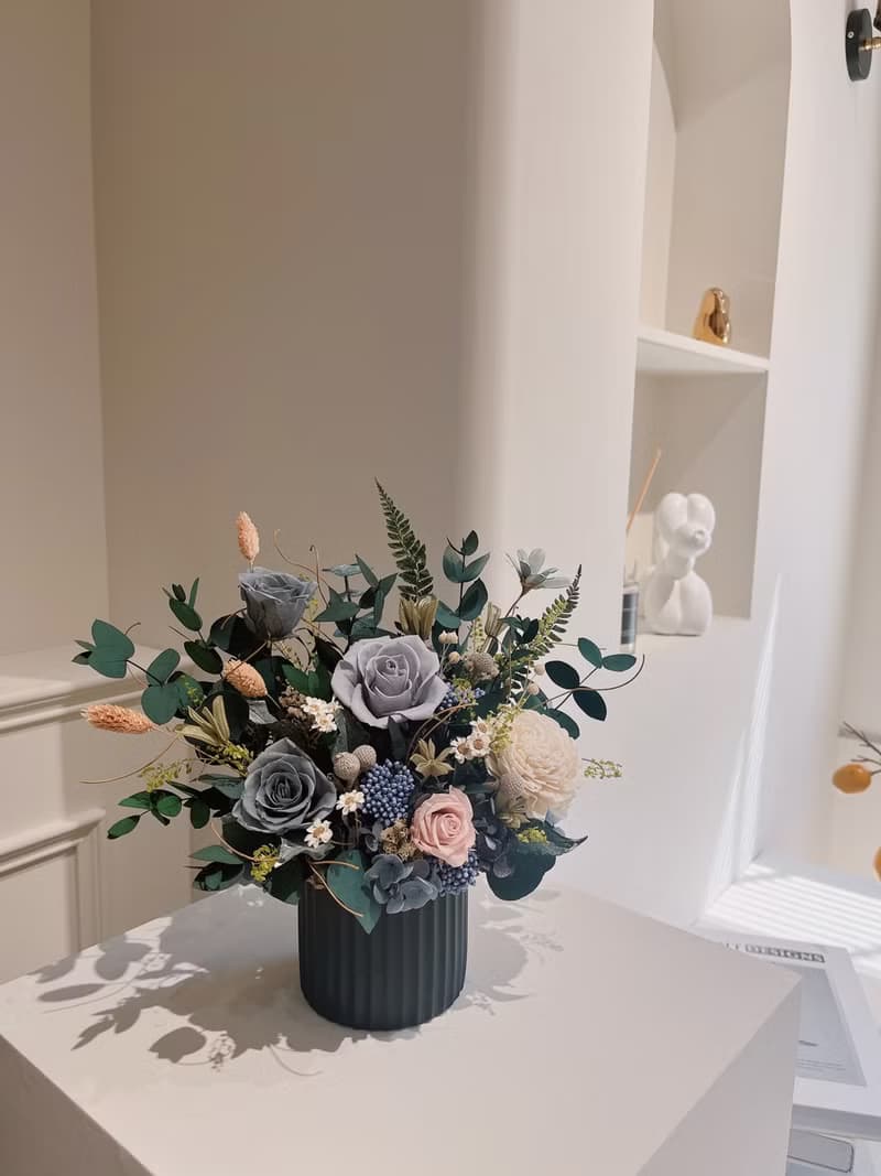 質感灰藍永生盆花 永生玫瑰花  開幕盆花 開幕花禮 祝賀禮物 生日