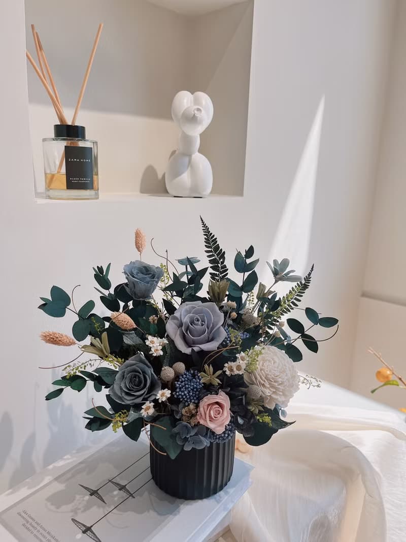 質感灰藍永生盆花 永生玫瑰花  開幕盆花 開幕花禮 祝賀禮物 生日