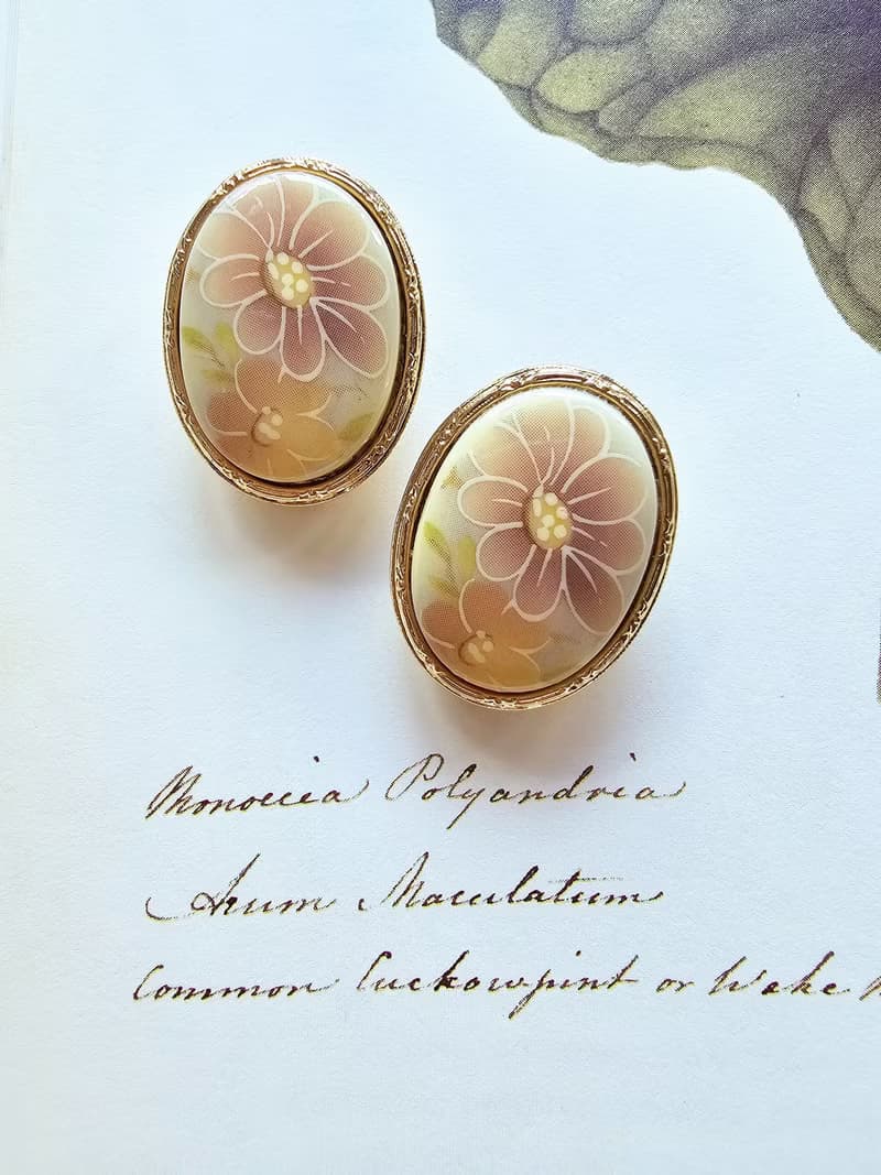 1928優雅描花雕花紋框夾式耳環/復古首飾/美國西洋古董飾品
