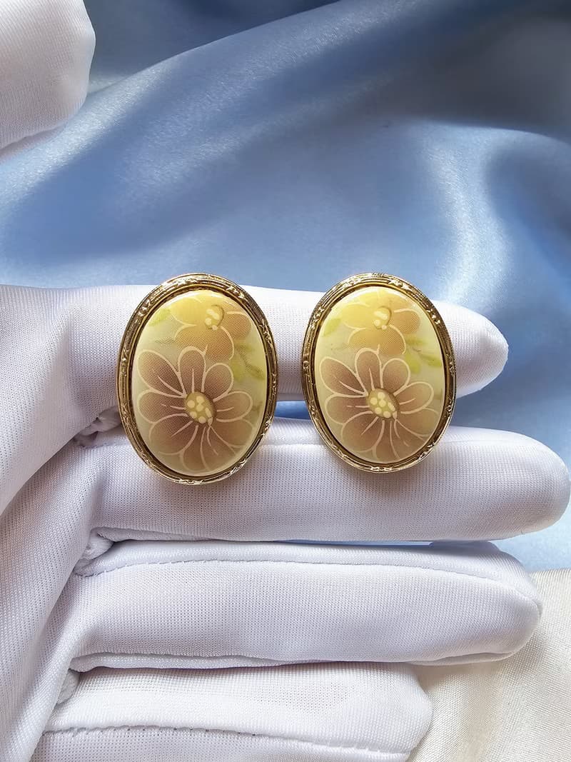 1928優雅描花雕花紋框夾式耳環/復古首飾/美國西洋古董飾品