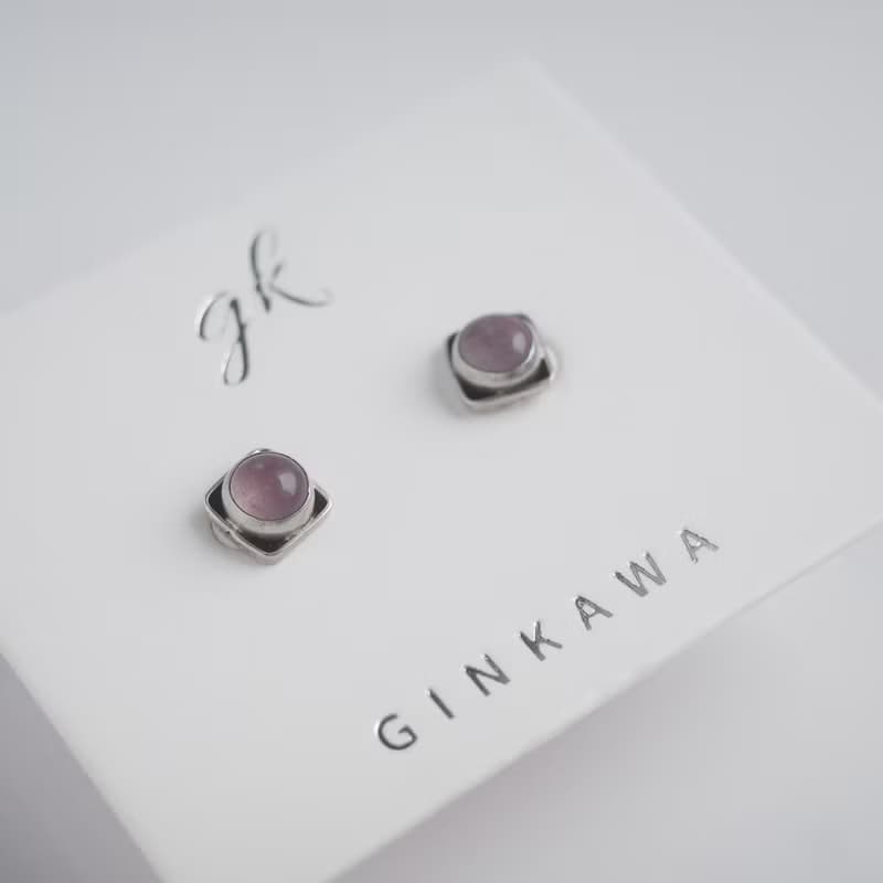 925純銀 天然弧面粉水晶方形耳環 粉紅晶 薔薇晶石 耳扣 愛情之石