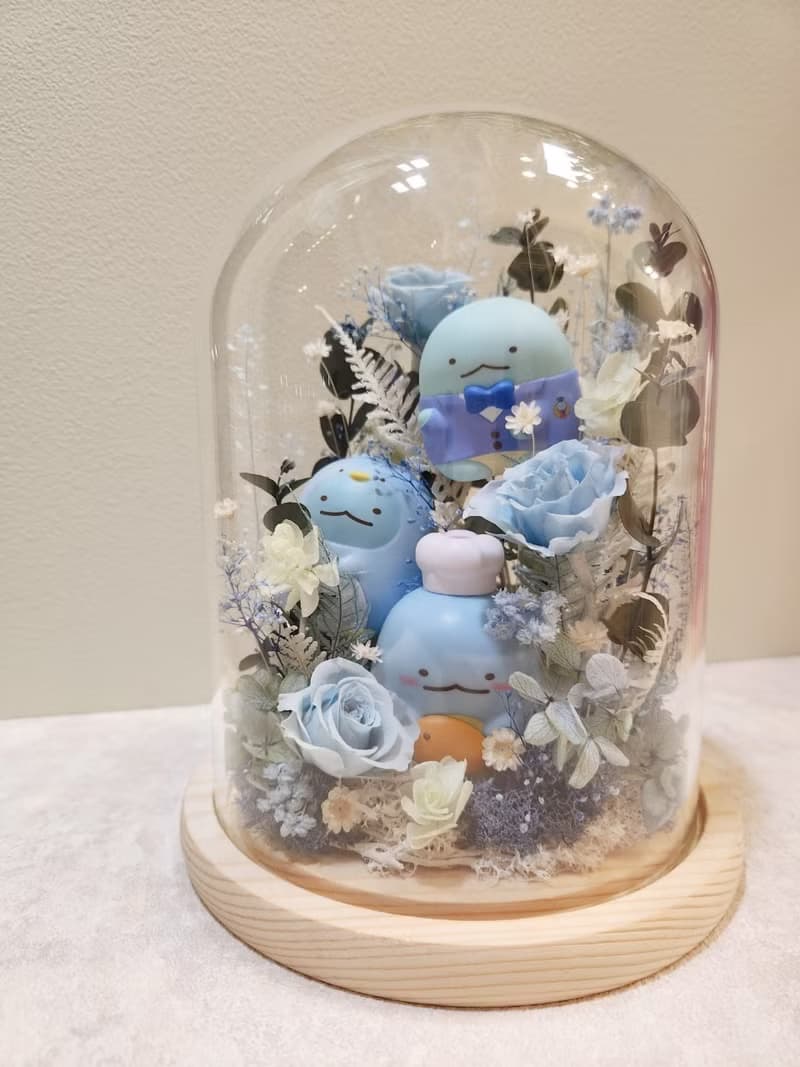 角落恐龍海洋泡泡玻璃花鐘 藍色系 不凋花 乾燥花 畢業禮物