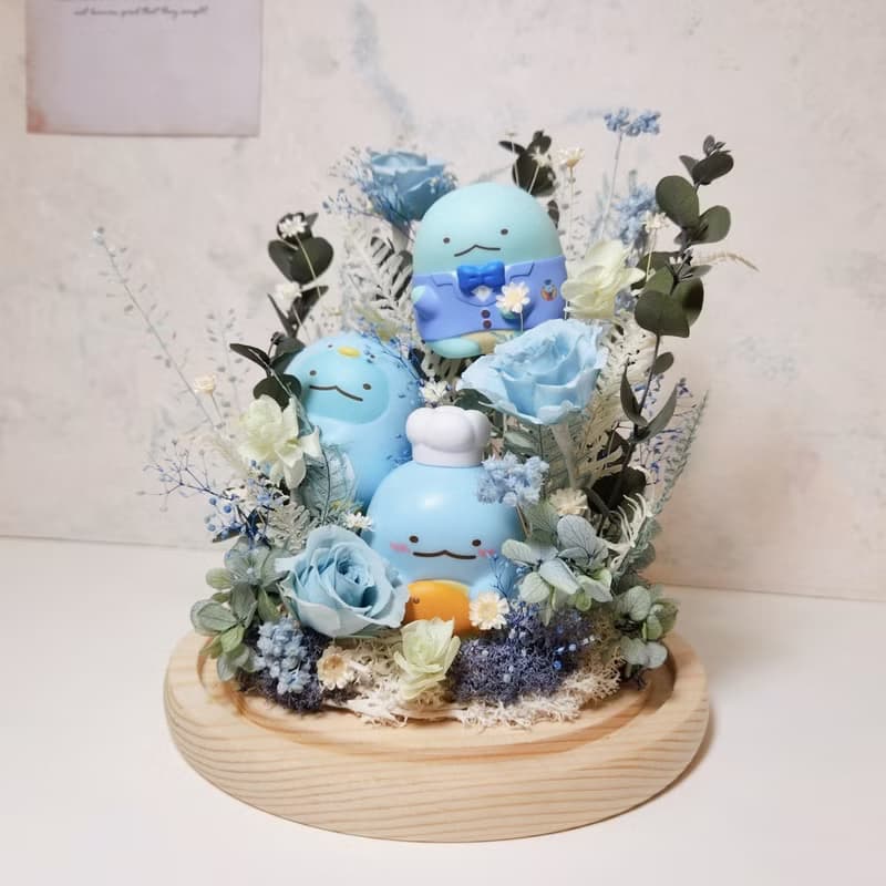角落恐龍海洋泡泡玻璃花鐘 藍色系 不凋花 乾燥花 畢業禮物