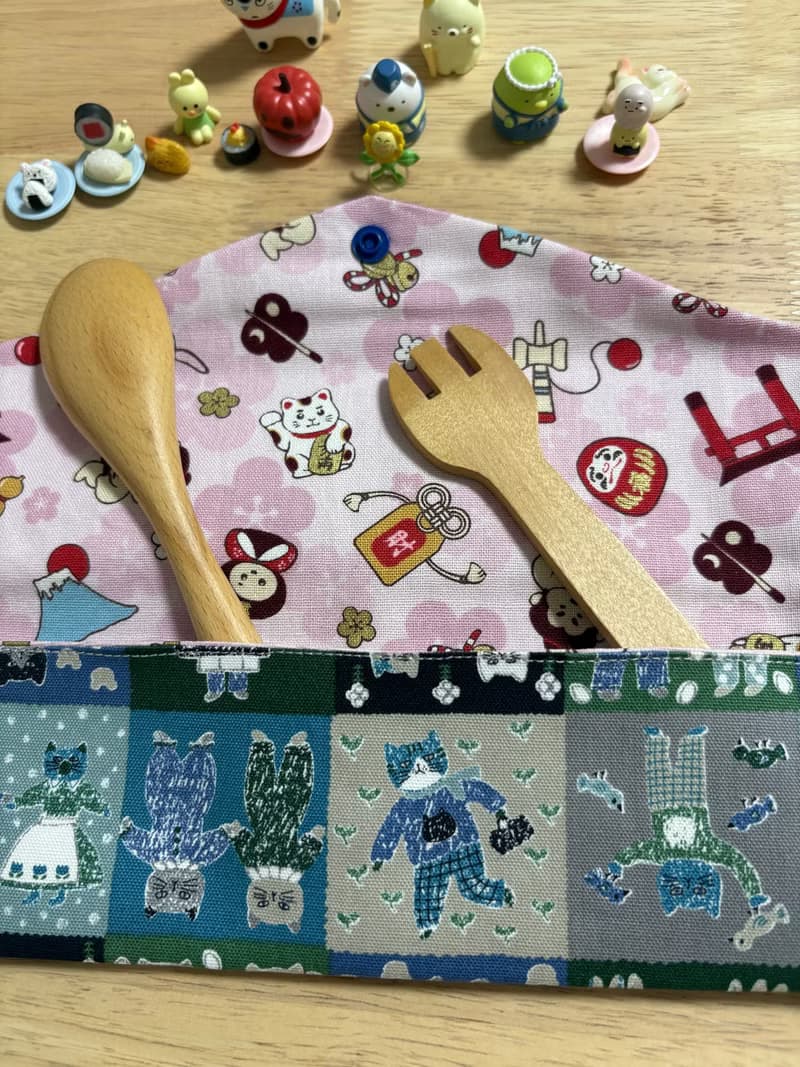 文青風環保純棉筷袋 紳士貓咪 廚師 原麻卡通格 厚實手感 日本 潮