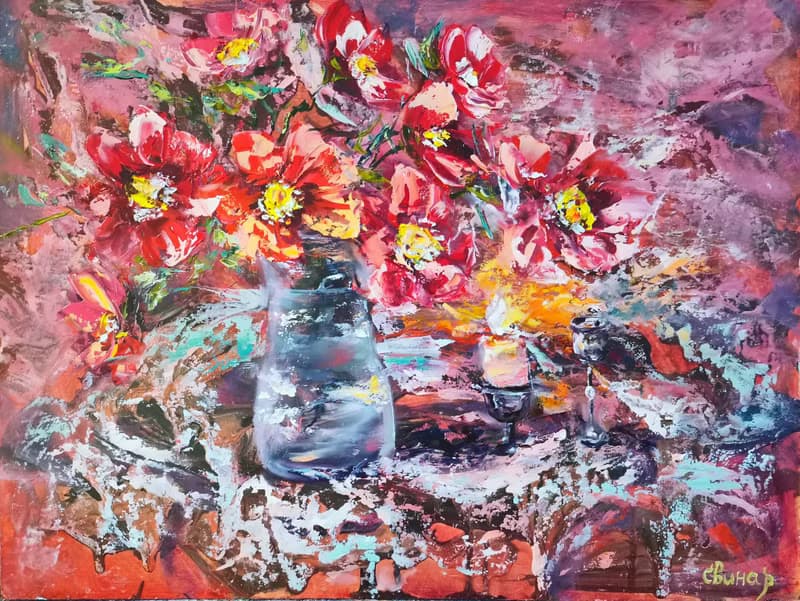 Lighted Candle Flower Bouquet Oil Painting Impasto Original Artist Svinar Oksana