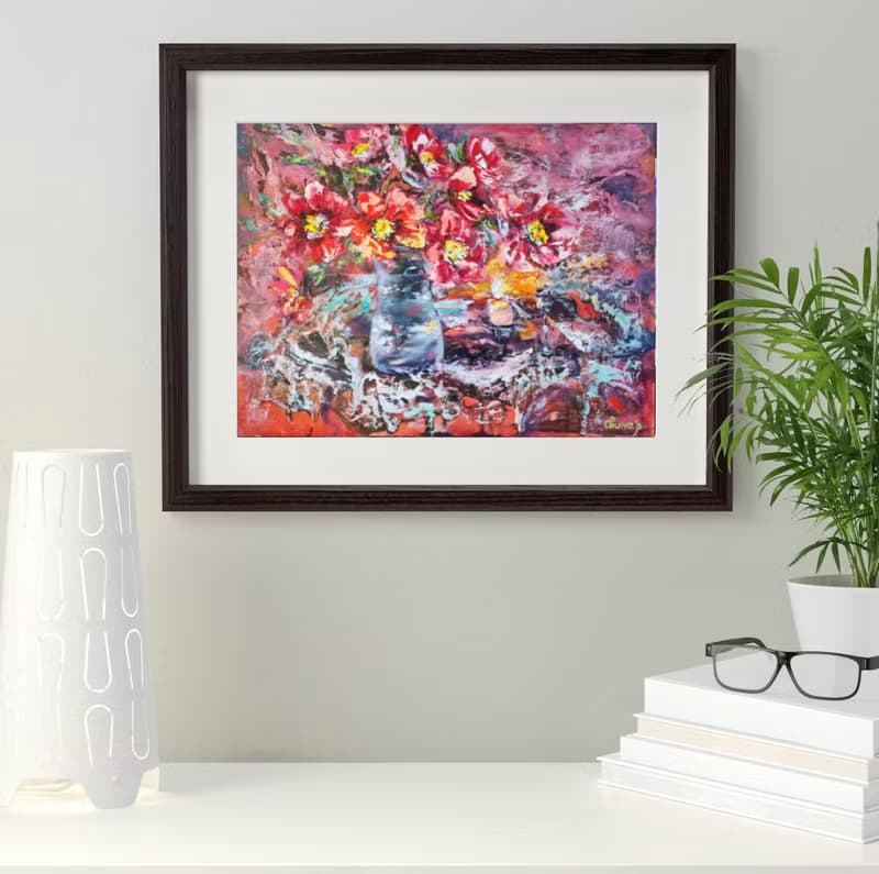 Lighted Candle Flower Bouquet Oil Painting Impasto Original Artist Svinar Oksana