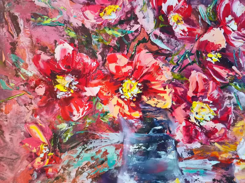 Lighted Candle Flower Bouquet Oil Painting Impasto Original Artist Svinar Oksana