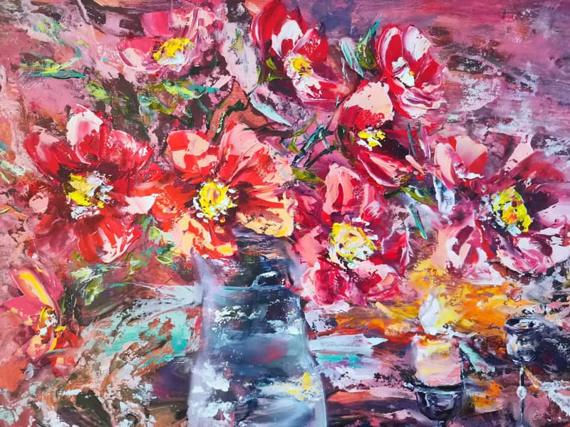 Lighted Candle Flower Bouquet Oil Painting Impasto Original Artist Svinar Oksana