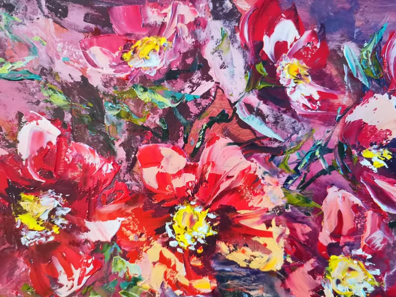 Lighted Candle Flower Bouquet Oil Painting Impasto Original Artist Svinar Oksana