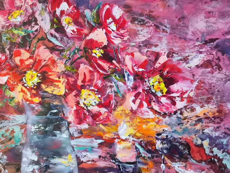 Lighted Candle Flower Bouquet Oil Painting Impasto Original Artist Svinar Oksana