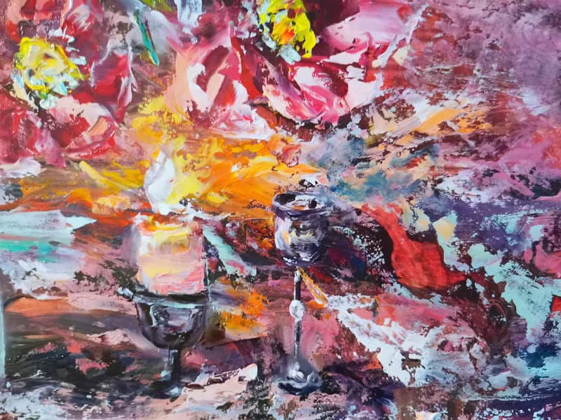 Lighted Candle Flower Bouquet Oil Painting Impasto Original Artist Svinar Oksana