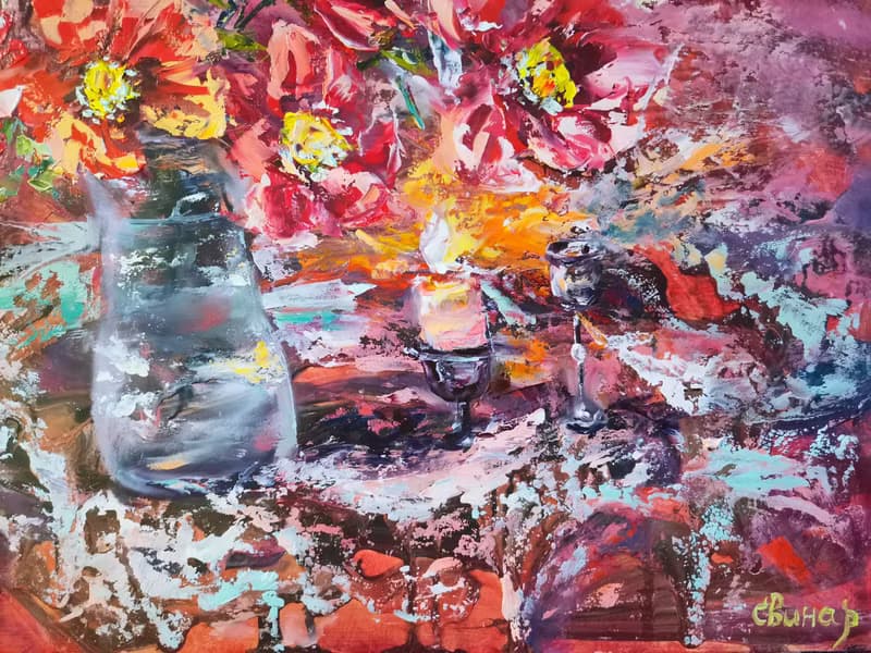 Lighted Candle Flower Bouquet Oil Painting Impasto Original Artist Svinar Oksana