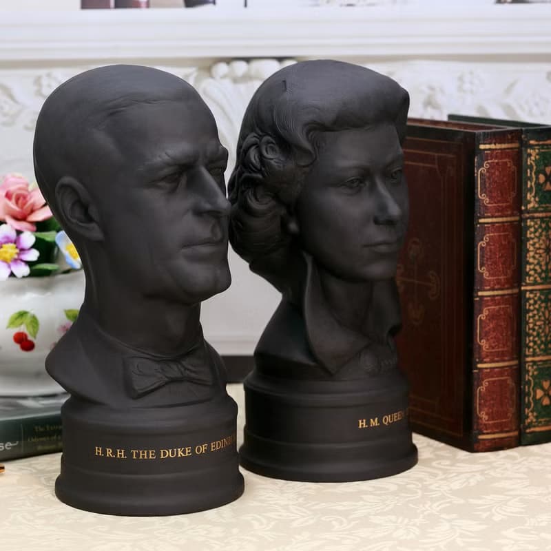限量絕版 英國製Wedgwood 1972女王公爵銀婚玄武岩陶瓷雕像一對