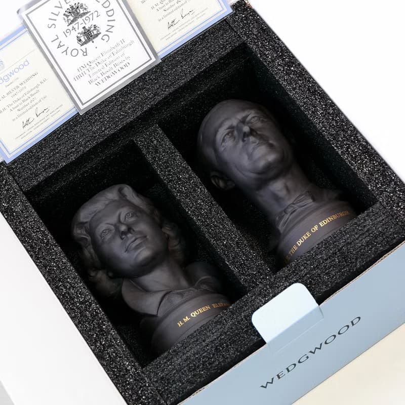 限量絕版 英國製Wedgwood 1972女王公爵銀婚玄武岩陶瓷雕像一對