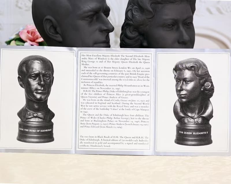 限量絕版 英國製Wedgwood 1972女王公爵銀婚玄武岩陶瓷雕像一對