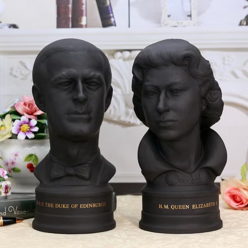 限量絕版 英國製Wedgwood 1972女王公爵銀婚玄武岩陶瓷雕像一對