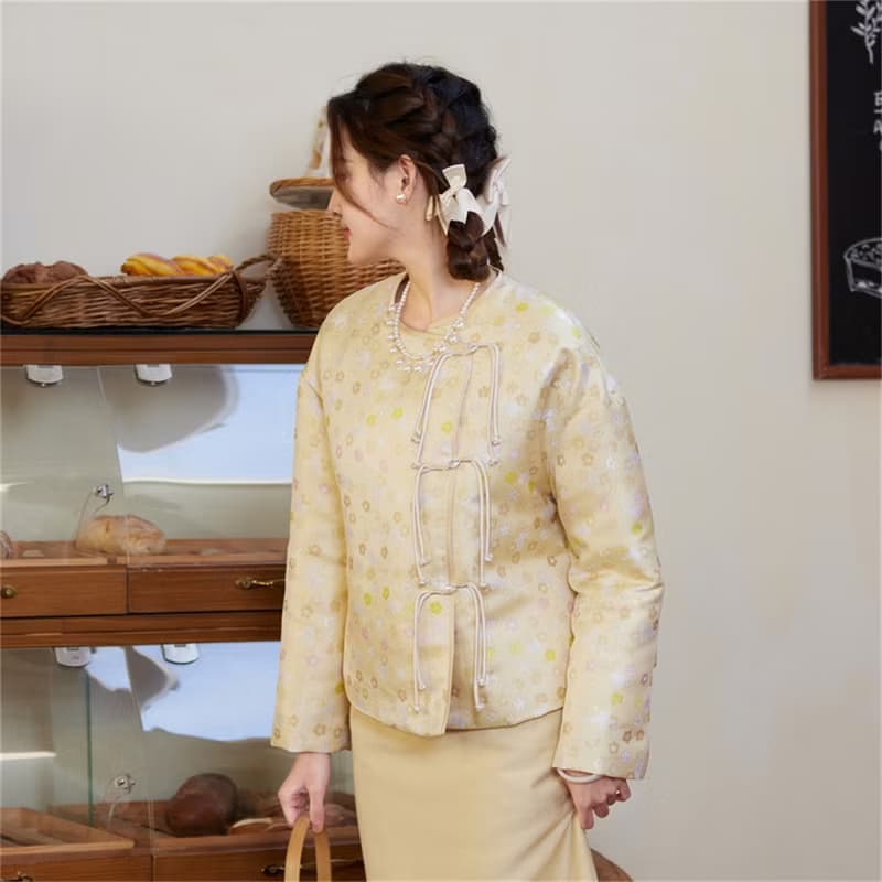淡黃色 中式秋冬夾棉兔子印花棉服外套 新中式中秋春節改良旗袍