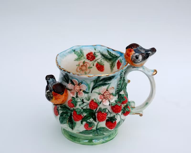 Birds and berries Art mug Raspberry cup Love birds figurine colorful Sculpture