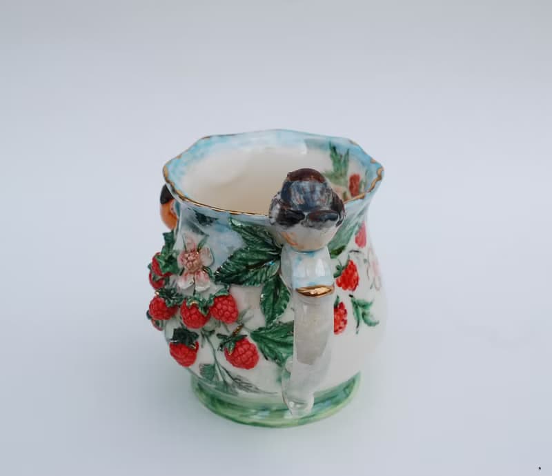 Birds and berries Art mug Raspberry cup Love birds figurine colorful Sculpture
