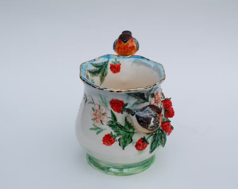 Birds and berries Art mug Raspberry cup Love birds figurine colorful Sculpture