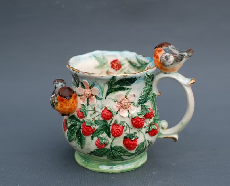 Birds and berries Art mug Raspberry cup Love birds figurine colorful Sculpture
