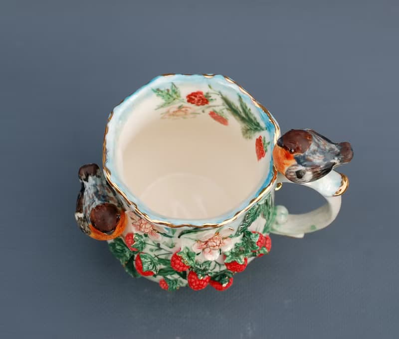 Birds and berries Art mug Raspberry cup Love birds figurine colorful Sculpture