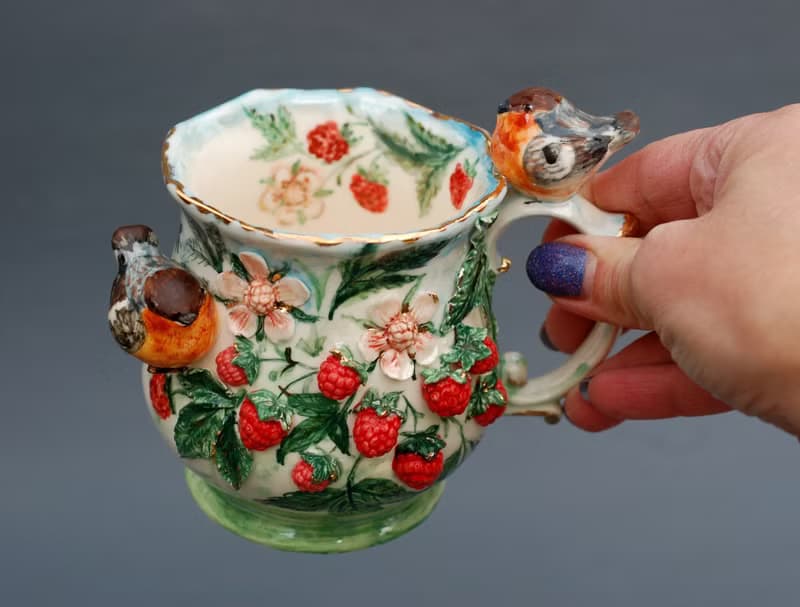 Birds and berries Art mug Raspberry cup Love birds figurine colorful Sculpture