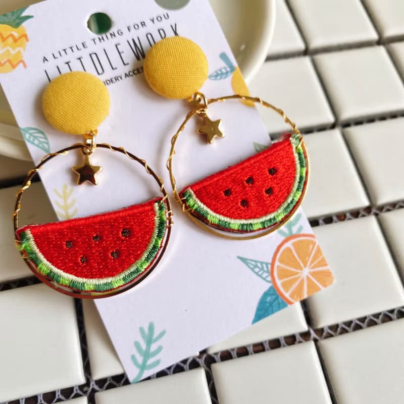 刺繡耳環 | 耳夾 / 耳釘 - 鏤空西瓜耳環