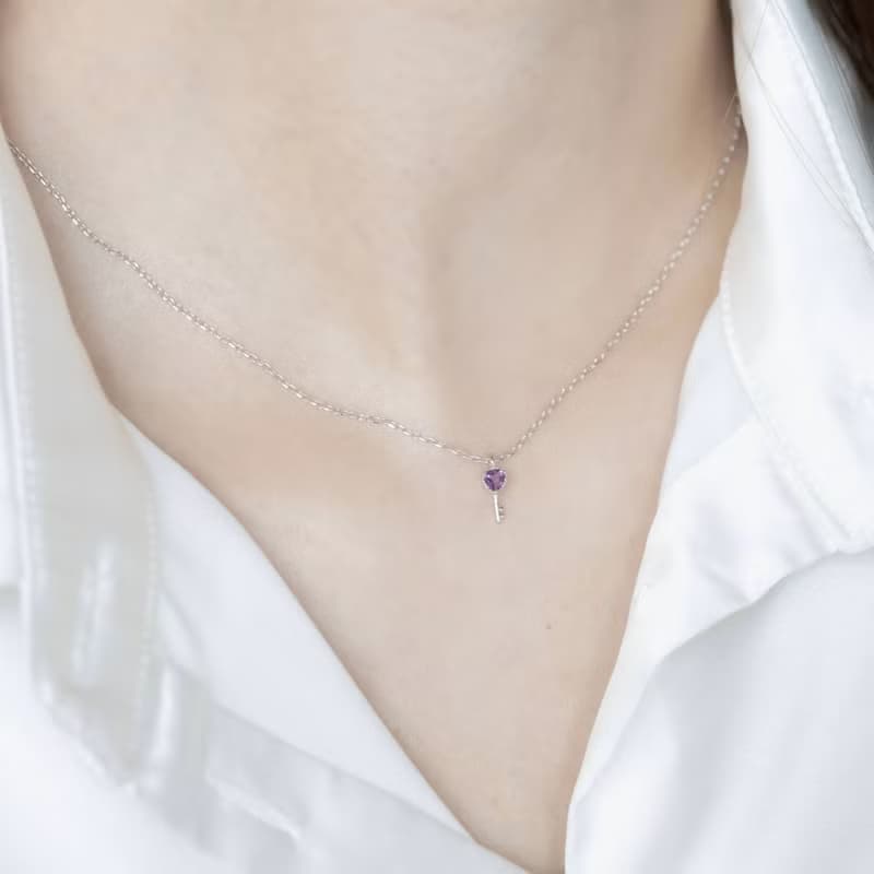紫水晶925純銀愛心鑰匙項鍊