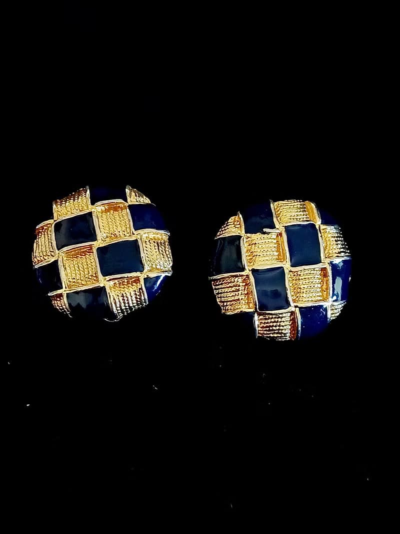 vintage jewelry  典雅琺瑯波蘿格紋 夾式耳環