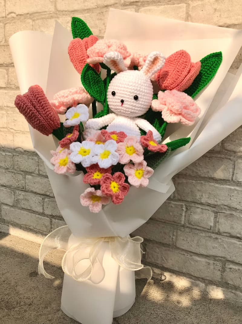 Crochet Bunny with Tulip Rose and Forget me not Flower Bouquet