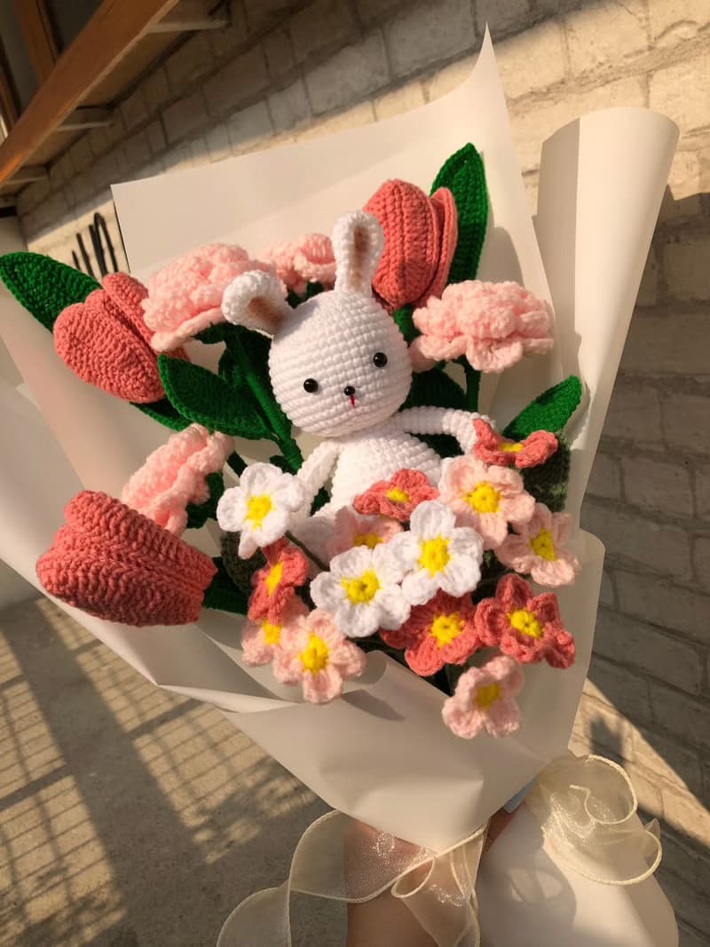 Crochet Bunny with Tulip Rose and Forget me not Flower Bouquet