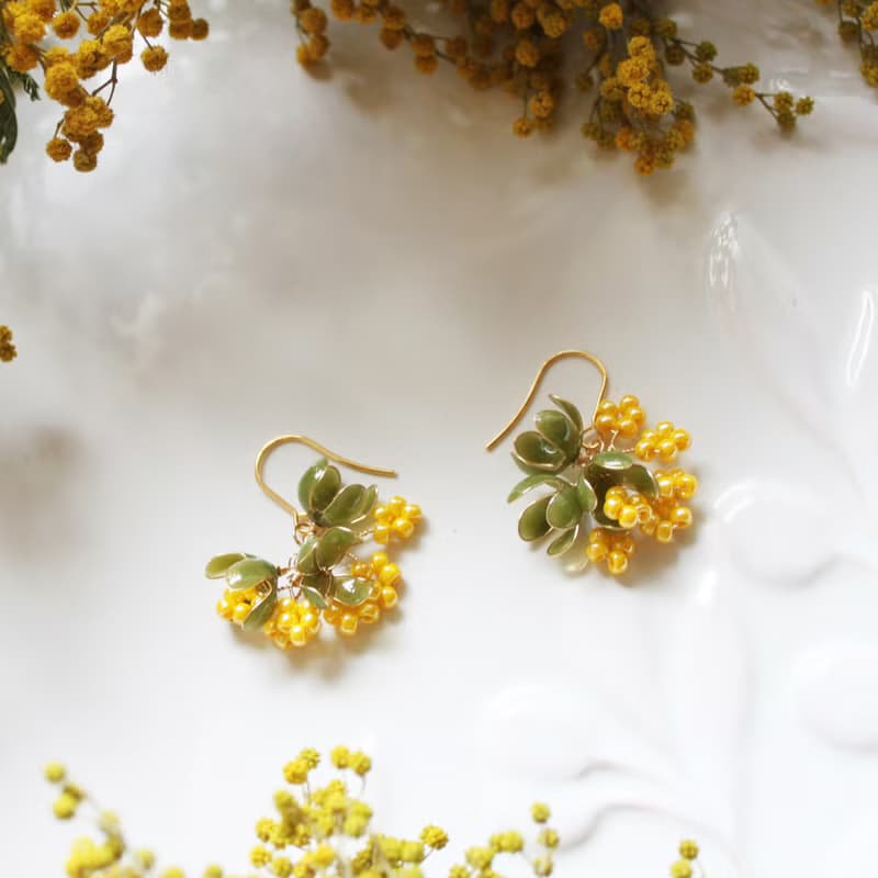 【含羞草系列】黃色含羞草耳環 金合歡 手工樹脂水晶花 耳環/耳夾