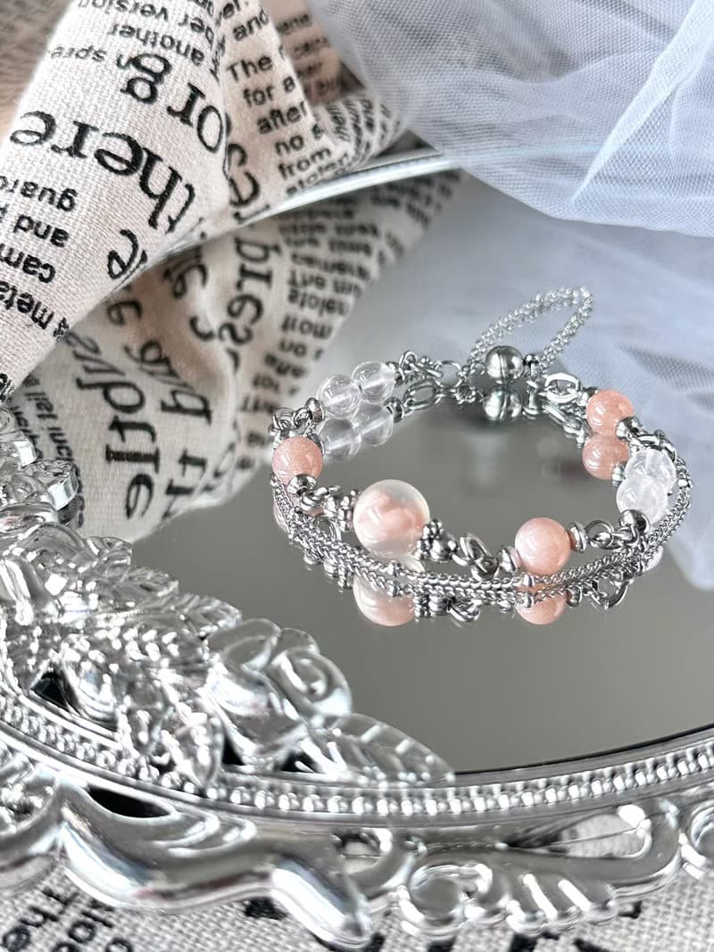 櫻花美人月光石磁吸扣水晶手鍊 - 醫療鋼/粉晶/澄月光/櫻花瑪瑙
