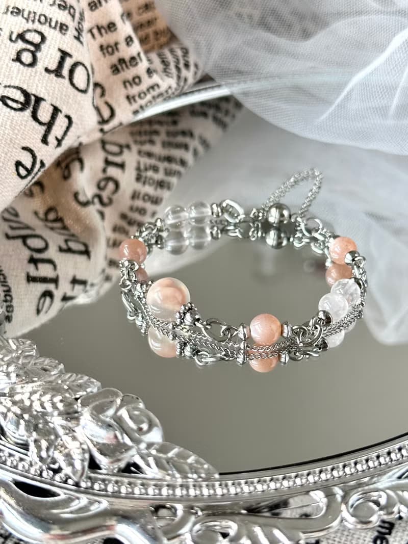 櫻花美人月光石磁吸扣水晶手鍊 - 醫療鋼/粉晶/澄月光/櫻花瑪瑙