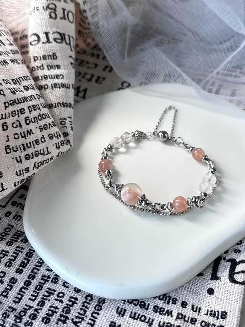 櫻花美人月光石磁吸扣水晶手鍊 - 醫療鋼/粉晶/澄月光/櫻花瑪瑙