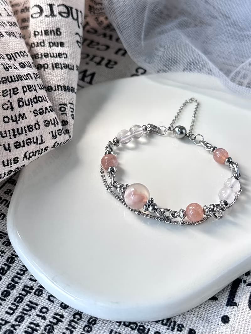櫻花美人月光石磁吸扣水晶手鍊 - 醫療鋼/粉晶/澄月光/櫻花瑪瑙