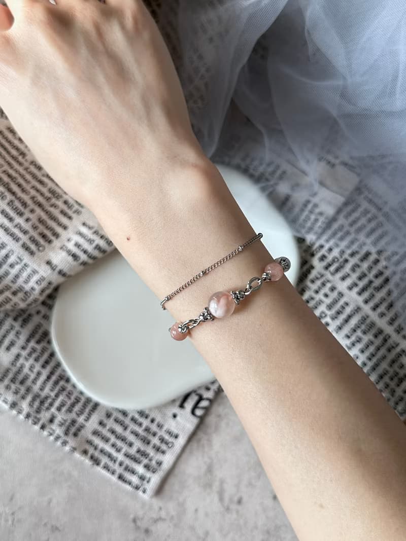 櫻花美人月光石磁吸扣水晶手鍊 - 醫療鋼/粉晶/澄月光/櫻花瑪瑙