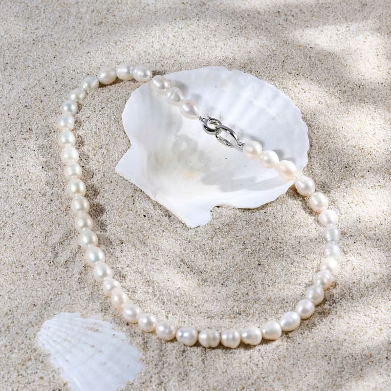 大顆天然白色米型珍珠項鍊 10–11mm 配銀色扣 大氣優雅 紀念日禮
