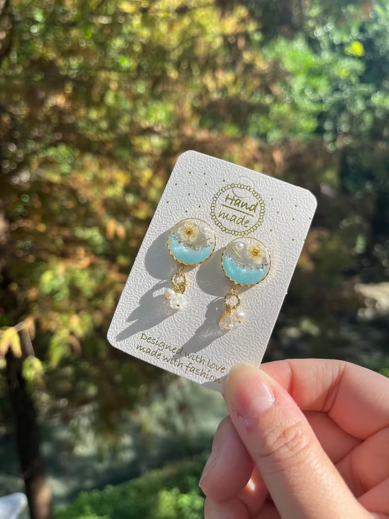 清透感真花耳環-垂墜式/耳針/耳夾/淡水珍珠/捷克珠/14k