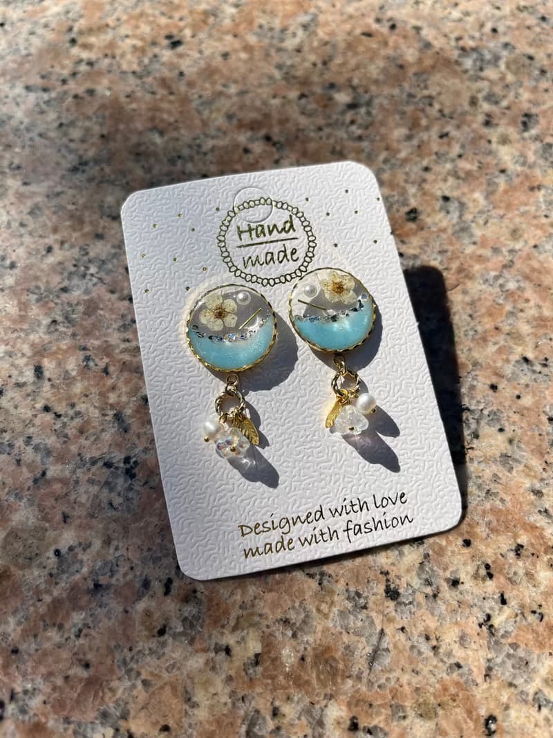 清透感真花耳環-垂墜式/耳針/耳夾/淡水珍珠/捷克珠/14k