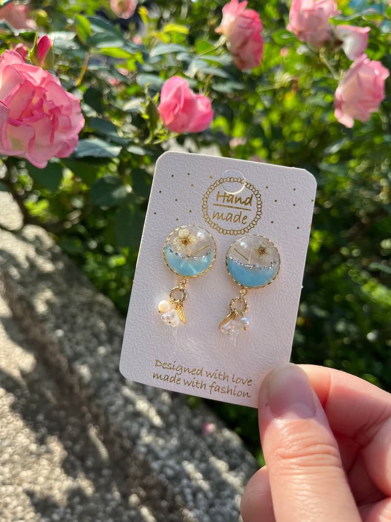 清透感真花耳環-垂墜式/耳針/耳夾/淡水珍珠/捷克珠/14k